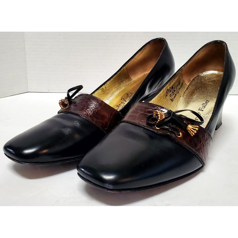 VTG Heel Pump Shoes Stanley Philipson Couture 1962 8.5 B Black Brown Classic!